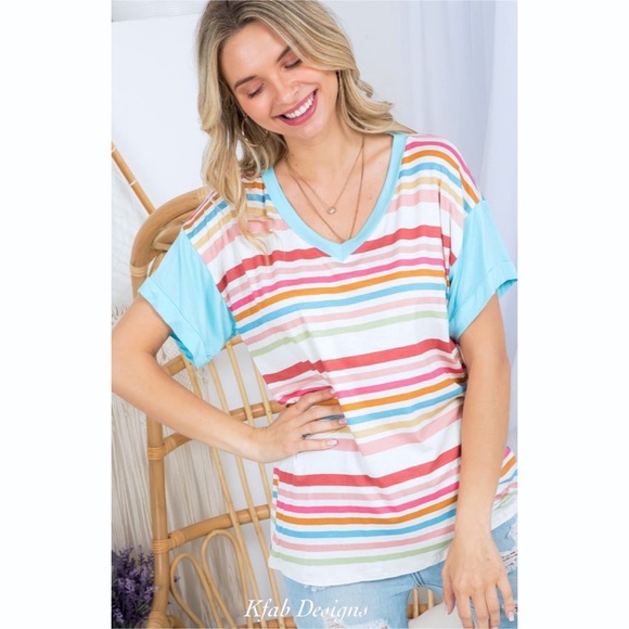 ❤️LAST! V Neck Super Soft Jersey Knit Multi Stripe Ruffle Sleeve Top! - Picture 3 of 11